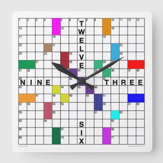 Kruiswoordklok met downloadbare puzzel (kleur) vierkante klok (Voorkant)