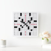 Kruiswoordklok met downloadbare puzzel (zwart) vierkante klok (Huis)