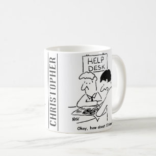 Kruiswoordliefhebber vraagt aan een helpdesk koffiemok
