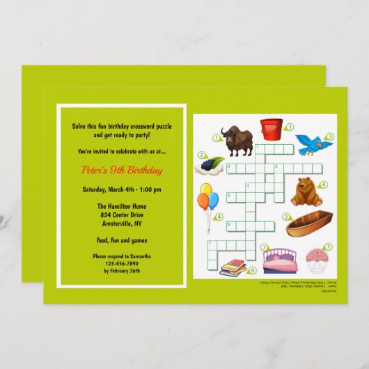 Kruiswoordpuzzel verjaardagsuitnodiging kaart (Voorkant / Achterkant)