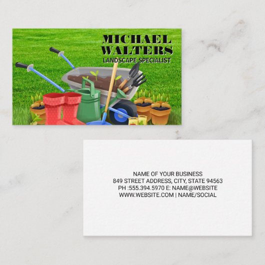 Kruiwagen Tuingereedschap | Gras Achtergrond Visitekaartje (Voorkant / Achterkant)