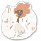 Krulbruin gevilde boho vrouw bloemen maan sticker (Voorkant)