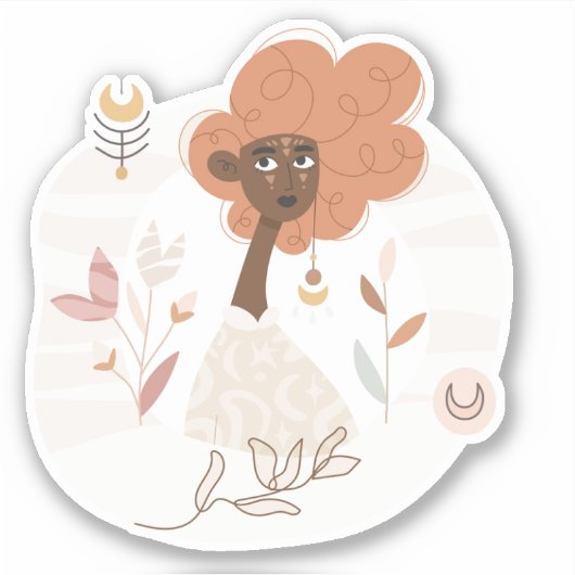Krulbruin gevilde boho vrouw bloemen maan sticker (Voorkant)