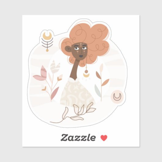 Krulbruin gevilde boho vrouw bloemen maan sticker (Vel)