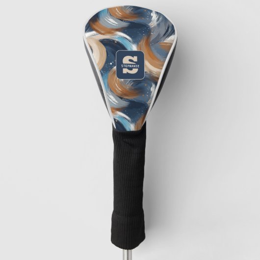 Krullend Abstracte penseelstreken in blauw, wit en Golfheadcover (Voorkant)