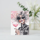 Krullmeisje rode lippen waterverf zwarte jurk briefkaart (Staand voorkant)