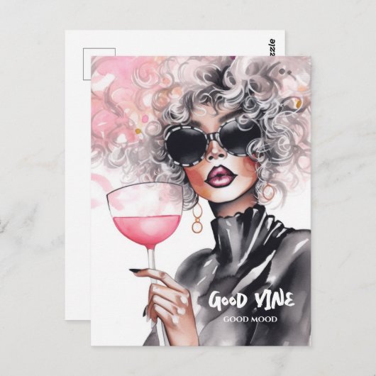 Krullmeisje rode lippen waterverf zwarte jurk briefkaart (Voorkant / Achterkant)