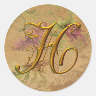 KRW  Bloemen Goud H Monogram Huwelijkszegel Ronde Sticker