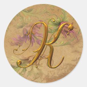 KRW  Bloemen Goud K Monogram Huwelijkszegel Ronde Sticker