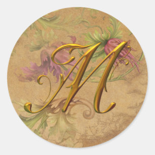 KRW Bloemen Goud M Monogram Huwelijkszegel Ronde Sticker