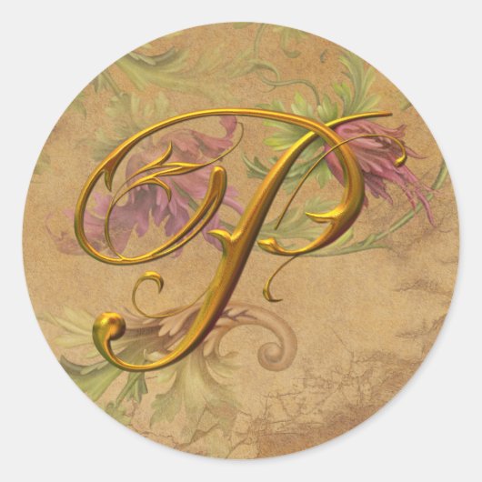 KRW  Bloemen Goud P Monogram Huwelijkszegel Ronde Sticker (Voorkant)