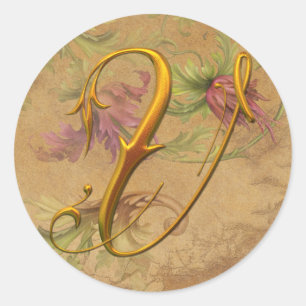 KRW  Bloemengoud V Monogram Huwelijkszegel Ronde Sticker