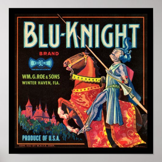 KRW blu-Knight-etiket voor fruitkratten Poster (Voorkant)