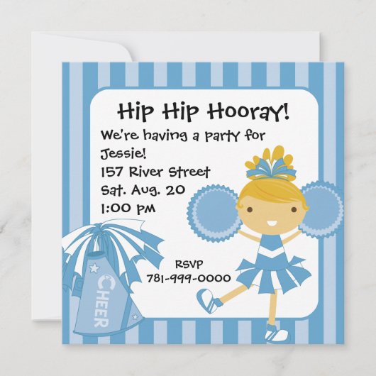 KRW Blue Cheerleader Birthday Party Invitation Kaart (Voorkant)
