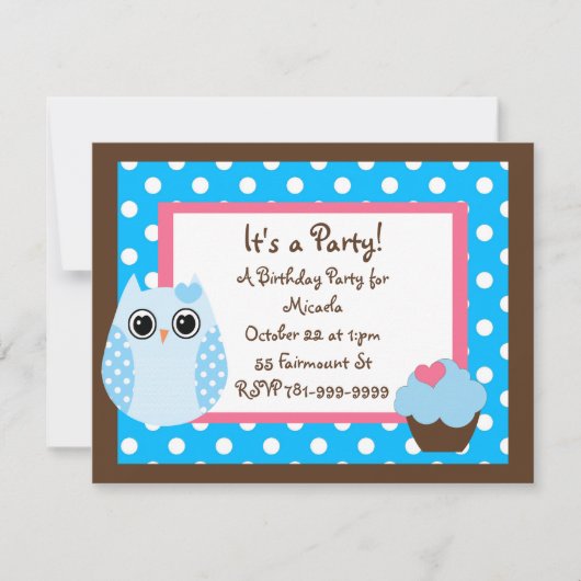 KRW Brown & Blue Polka Dot Owl Birthday Uitnodigin Kaart (Voorkant)