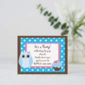 KRW Brown & Blue Polka Dot Owl Birthday Uitnodigin Kaart (Staand voorkant)