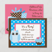KRW Brown & Blue Polka Dot Owl Birthday Uitnodigin Kaart (Voorkant / Achterkant)