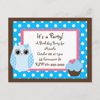 KRW Brown & Blue Polka Dot Owl Birthday Uitnodigin Kaart