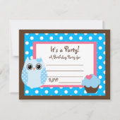 KRW Brown & Blue Polka Dot Owl Blank Party Invite Kaart (Voorkant)