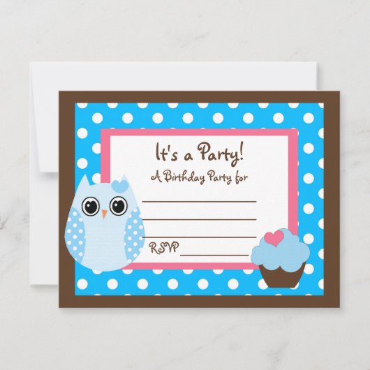 KRW Brown & Blue Polka Dot Owl Blank Party Invite Kaart (Voorkant)
