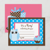 KRW Brown & Blue Polka Dot Owl Blank Party Invite Kaart (Voorkant / Achterkant)