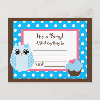 KRW Brown & Blue Polka Dot Owl Blank Party Invite Kaart