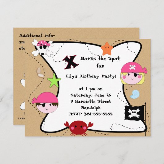 KRW Custom Pink Pirate Birthday Party Kaart (Voorkant / Achterkant)