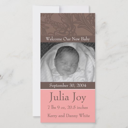 KRW Elegante Roze Aangepaste Foto Geboorteaankondi Aankondiging (Voorkant)