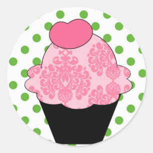 KRW Fancy roze cupcake met groene Stippen Ronde Sticker