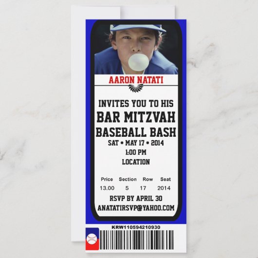 KRW Foto Baseball Bar Mitzvah Ticket Uitnodiging (Voorkant)