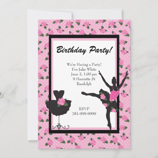KRW Girls Ballet Roos Birthday Party Invitation Kaart (Voorkant)