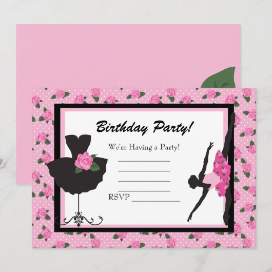 KRW Girls Ballet Roos Blank Birthday Uitnodiging (Voorkant / Achterkant)