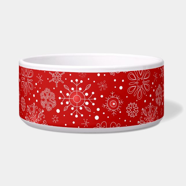 KRW Lacy White Snowflakes Kerstmis Red Pet Bowl Voerbakje (Voorkant)