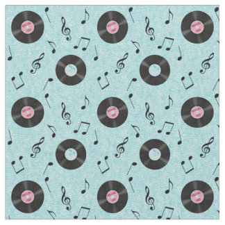 KRW Light Blue Retro Records Music Fabric Stof