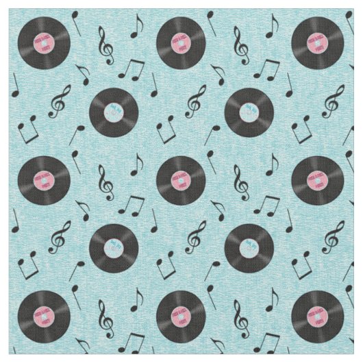 KRW Light Blue Retro Records Music Fabric Stof (Close Up)