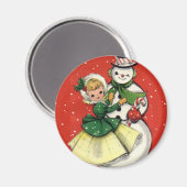 KRW  Meisje en Sneeuwman Kerstmagneet Magneet (Voorkant / Achterkant)