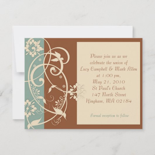 KRW Modern Brown and Blue Floral Wedding Kaart (Voorkant)