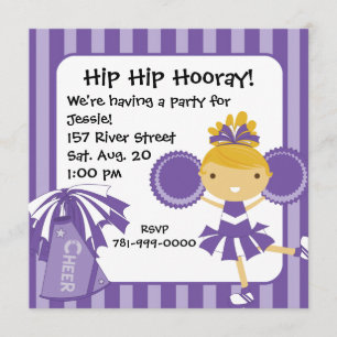 KRW Paarse Cheerleader Birthday Party Invitation Kaart