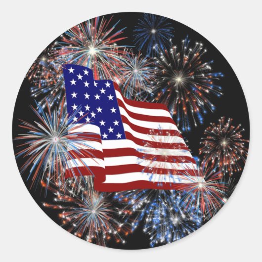 KRW Patriottische Amerikaanse vlag en vuurwerk Ronde Sticker (Voorkant)