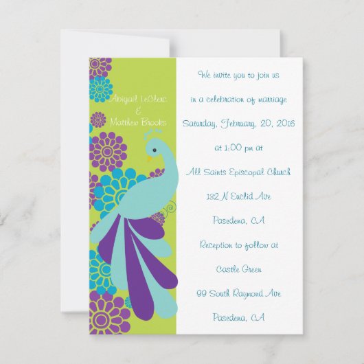 KRW Peacock Floral Custom Wedding Invitation Kaart (Voorkant)