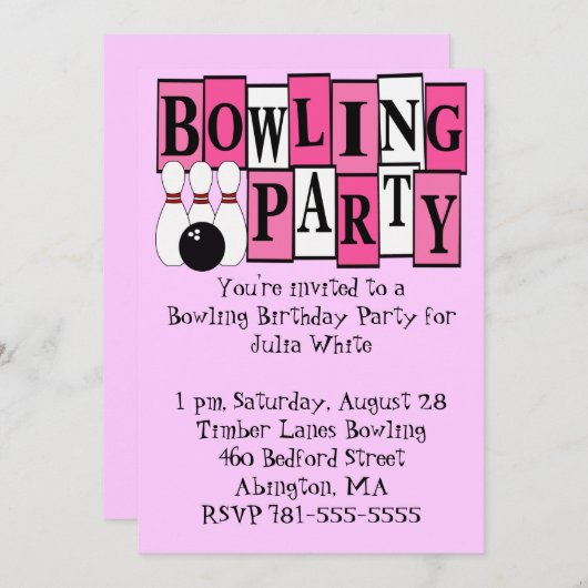 KRW Pink Bowling Birthday Party Kaart (Voorkant / Achterkant)
