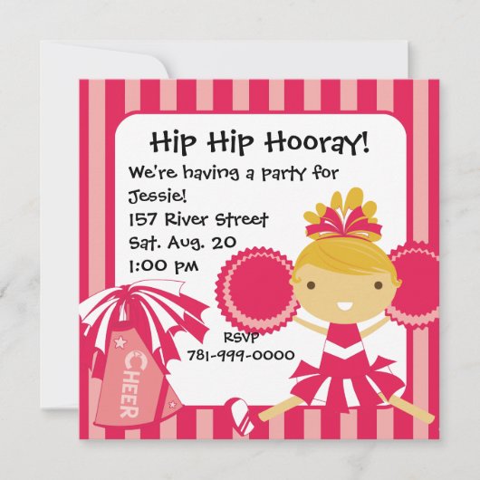 KRW Pink Cheerleader 2 Sided Birthday Invitation Kaart (Voorkant)