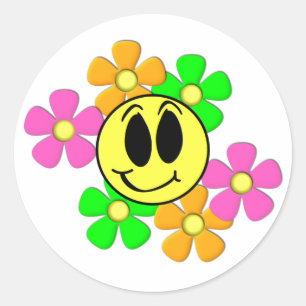 KRW Retro Smile Gezicht en Neon Bloemen Ronde Sticker