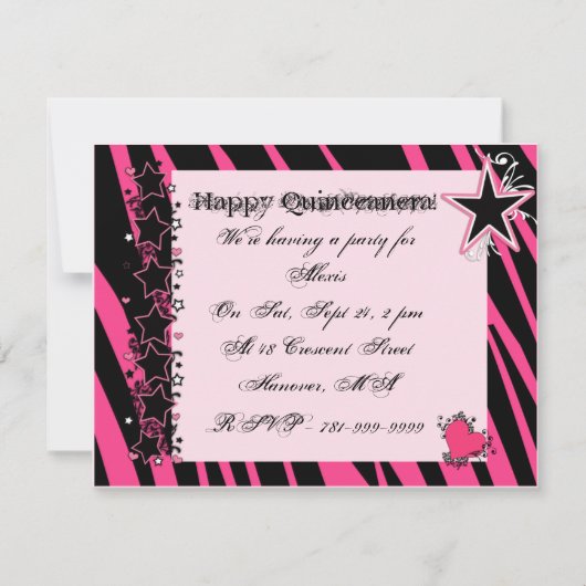 KRW roze Zebra print hartsterren Quinceanera Kaart (Voorkant)