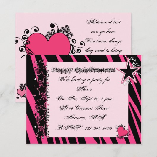 KRW roze Zebra print hartsterren Quinceanera Kaart (Voorkant / Achterkant)