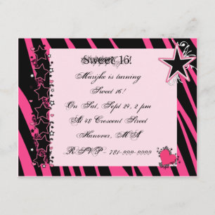 KRW Sweet 16 Roze Zebra Print Heart Stars Birthday Kaart