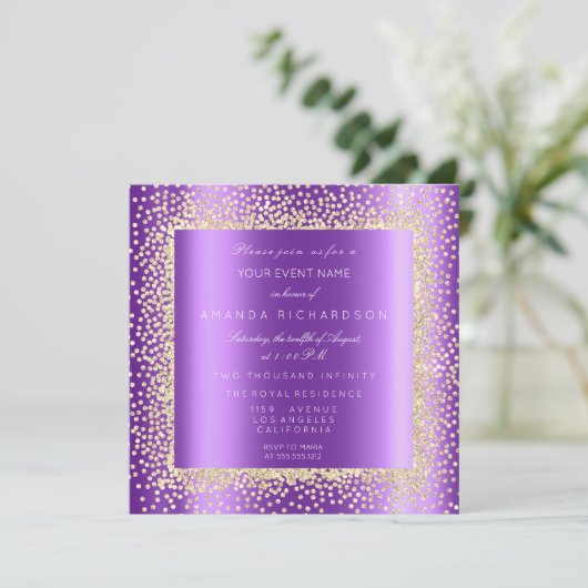 Krystal Champaigne Gold Glitter Confetti Paars2 Kaart (Staand voorkant)