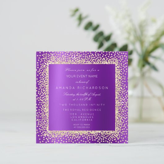 Krystal Champaigne Goud Glitter Confetti Paars A Kaart (Staand voorkant)