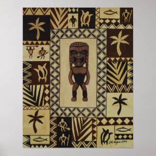 Ku Tiki Hawaiian God van Oorlog Petroglyph Poster