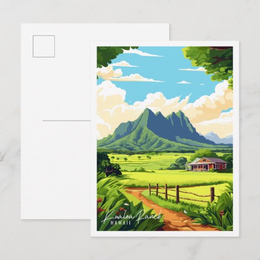 Kualoa Ranch Hawaii vintage reisillustratie Briefkaart (Voorkant / Achterkant)